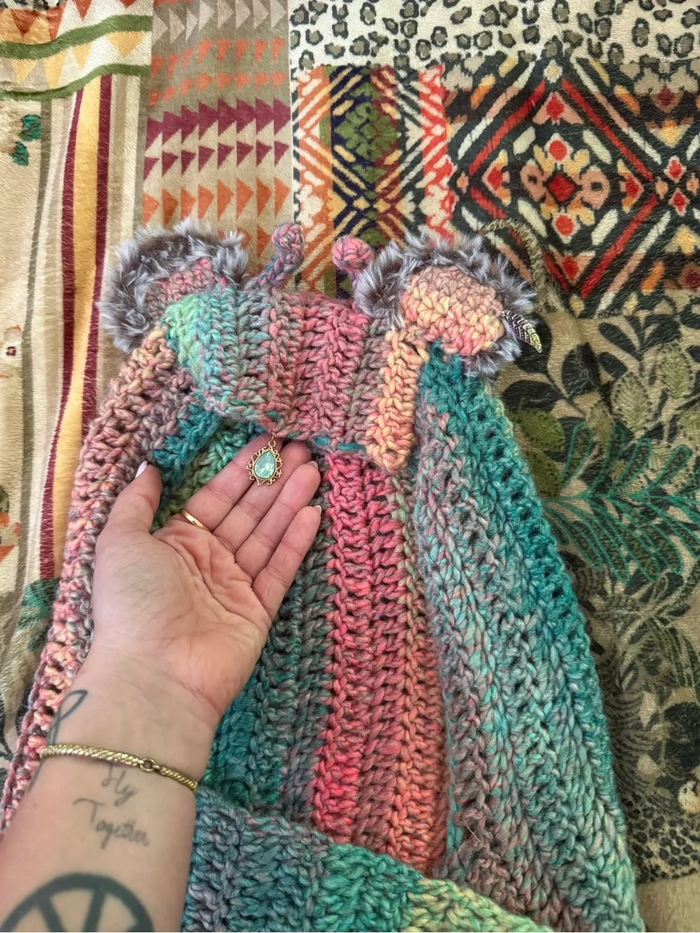 Handmade Crocheted GRiZ head Scarf in Pastel Rainbow
